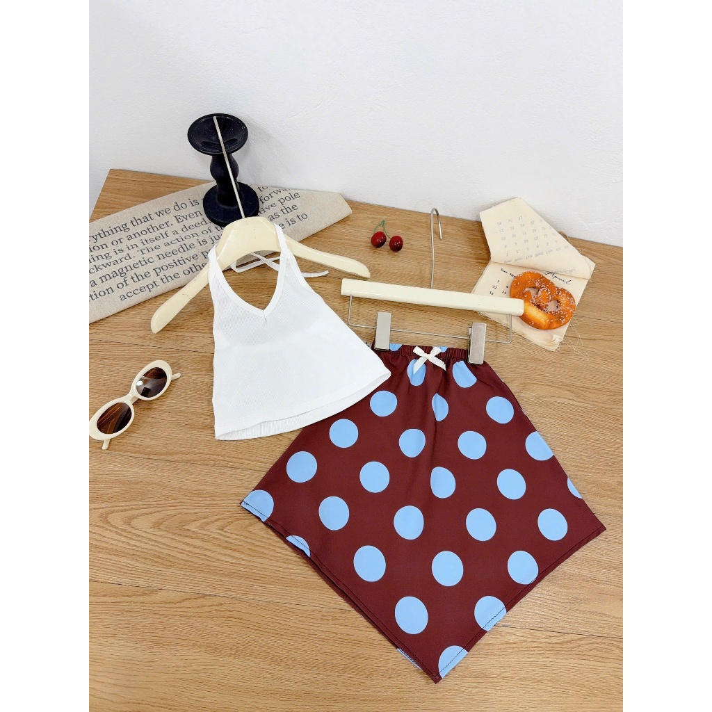 Đồ bộ bé gái, set đồ bé gái, set áo cổ yếm mix chân váy lụa Hàn Quốc 10-30kg Hami Kids