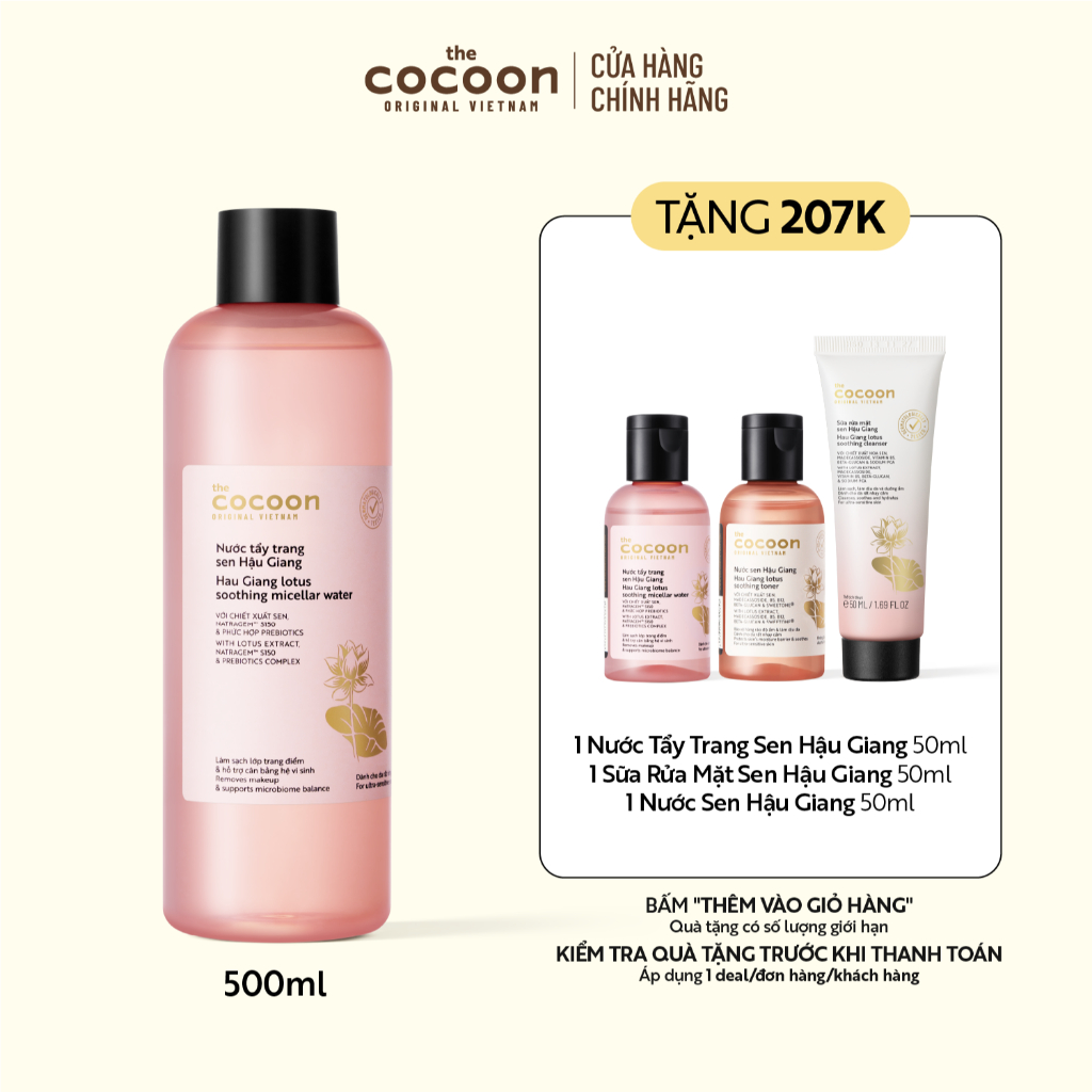 Bigsize - Nước Tẩy Trang Sen Hậu Giang Sạch Bụi Siêu Mịn PM1.0, Có Prebiotics Dịu Êm Cho Da Rất Nhạy Cảm Cocoon 500ml