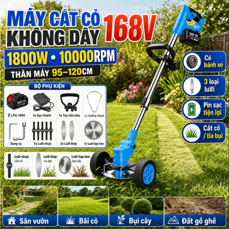 Máy cắt cỏ cầm tay 168V không dây, máy cắt cỏ điện, máy tỉa cỏ, máy cắt cỏ vườn sạc lại được, máy tỉa cành vườn cầm tay.