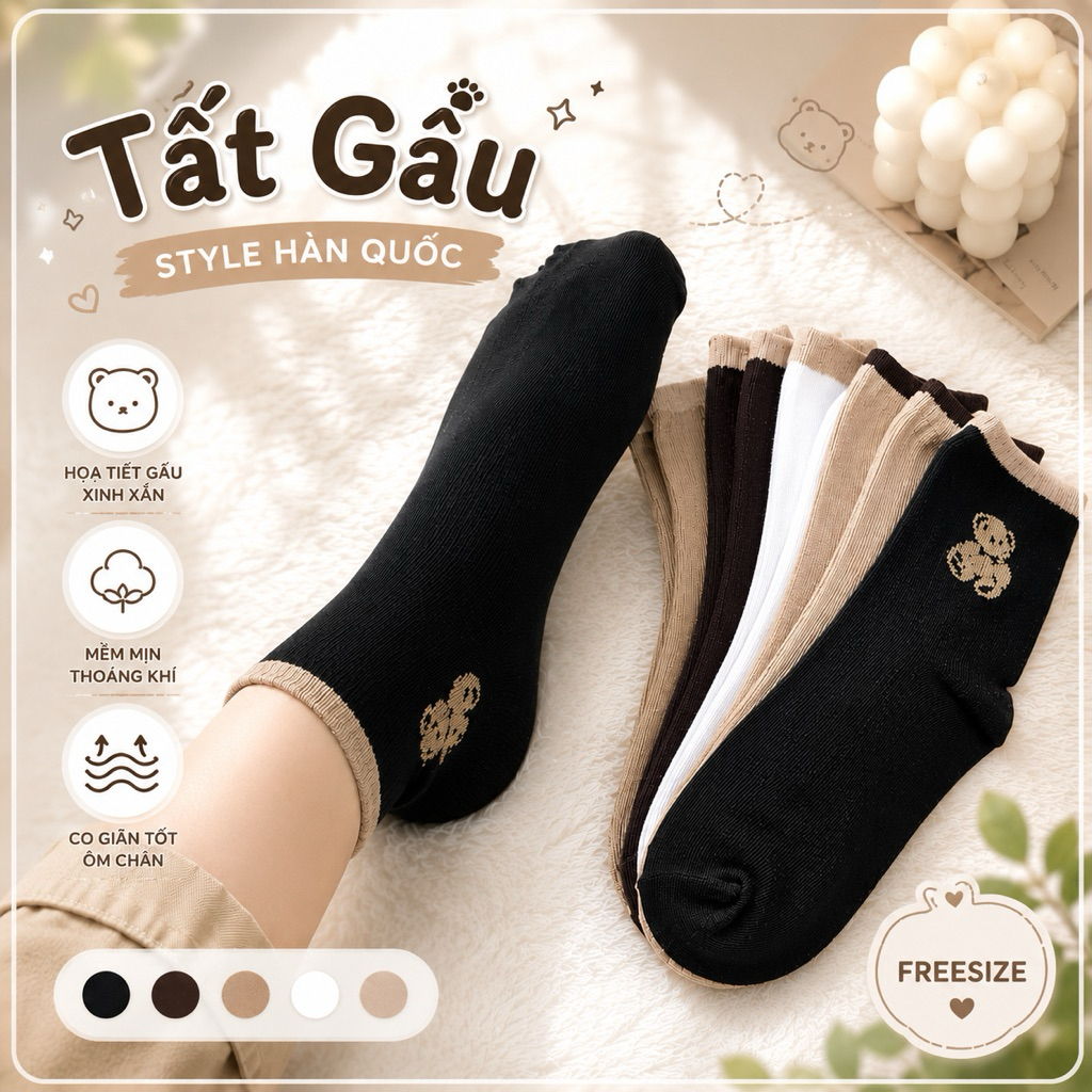 Combo 5 đôi vớ/tất nữ coton cổ lỡ hoạ tiết gấu nhiều màu