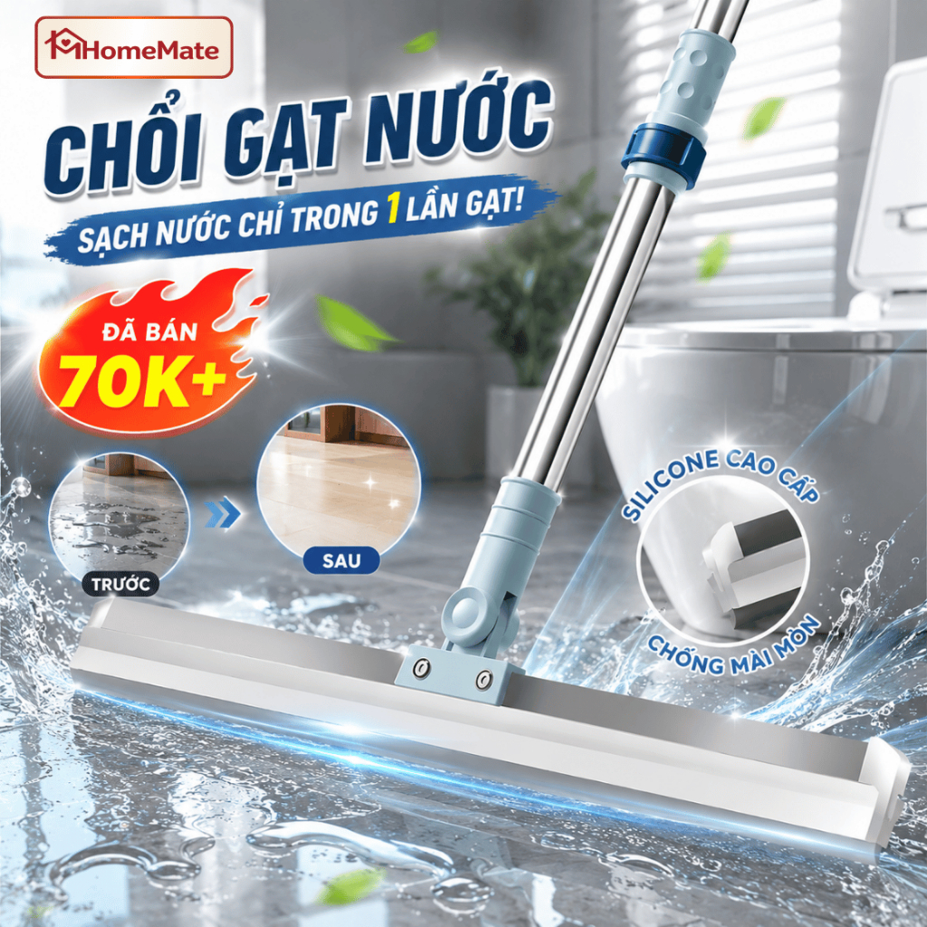 [HÀNG LOẠI 1] Chổi Gạt Nước HomeMate Lau Sàn Nhà Tắm Xoay 360°, Cây Gạt Nước Đa Năng Chống Trượt Kèm Cán Inox