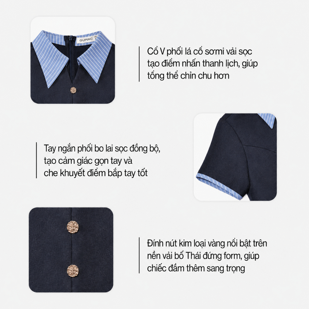 Đầm Nữ Form A Xòe GUMAC Dáng Ngắn Thiết Kế Cổ Sơ Mi Sọc Đính Nút Vàng Có Túi DF03005