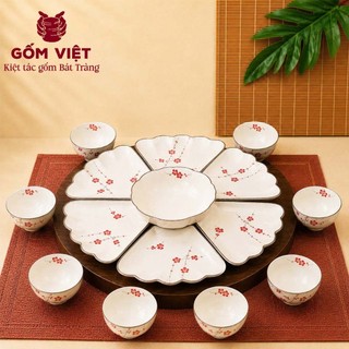[FULL SET] Bộ bát đĩa hoa mặt trời đầy đủ cao cấp vẽ đào đỏ men kem - Gốm sứ Bát Tràng - Gốm Việt