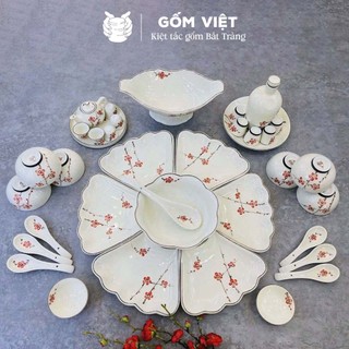 [FULL SET] Bộ bát đĩa hoa mặt trời đầy đủ cao cấp vẽ đào đỏ men kem - Gốm sứ Bát Tràng - Gốm Việt