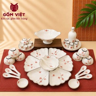 [FULL SET] Bộ bát đĩa hoa mặt trời đầy đủ cao cấp vẽ đào đỏ men kem - Gốm sứ Bát Tràng - Gốm Việt