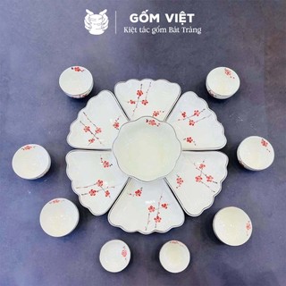 Bộ bát đĩa hoa mặt trời cao cấp vẽ đào, mai, sen, trúc nhiều màu sắc - Gốm sứ Bát Tràng - Gốm Việt