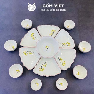 Bộ bát đĩa hoa mặt trời cao cấp vẽ đào, mai, sen, trúc nhiều màu sắc - Gốm sứ Bát Tràng - Gốm Việt