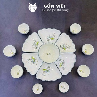 [FULL SET] Bộ bát đĩa hoa mặt trời đầy đủ cao cấp vẽ hoa sen ngọc men kem - Gốm sứ Bát Tràng - Gốm Việt