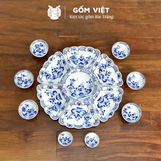 Bộ bát đĩa hoa mặt trời cao cấp vẽ đào, mai, sen, trúc nhiều màu sắc - Gốm sứ Bát Tràng - Gốm Việt