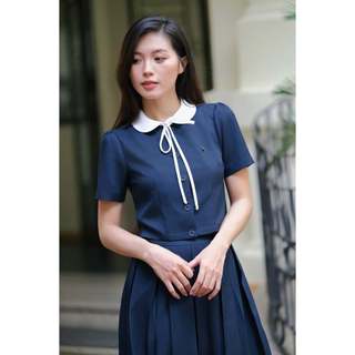 Áo Kiểu Nữ LAMER FASHION Cổ Sen Cộc Tay Đính Dây Nơ Phối Chân Váy Công Sở Dáng Dài Ly Bung O61B26H022 O62L26H005