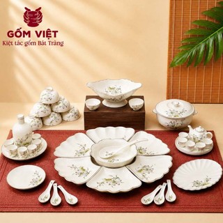 [FULL SET] Bộ bát đĩa hoa mặt trời đầy đủ cao cấp vẽ hoa sen ngọc men kem - Gốm sứ Bát Tràng - Gốm Việt