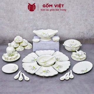 [FULL SET] Bộ bát đĩa hoa mặt trời đầy đủ cao cấp vẽ hoa sen ngọc men kem - Gốm sứ Bát Tràng - Gốm Việt