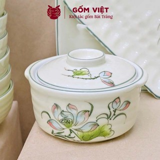 [FULL SET] Bộ bát đĩa hoa mặt trời đầy đủ cao cấp vẽ hoa sen ngọc men kem - Gốm sứ Bát Tràng - Gốm Việt