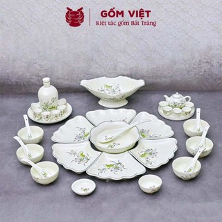 [FULL SET] Bộ bát đĩa hoa mặt trời đầy đủ cao cấp vẽ hoa sen ngọc men kem - Gốm sứ Bát Tràng - Gốm Việt