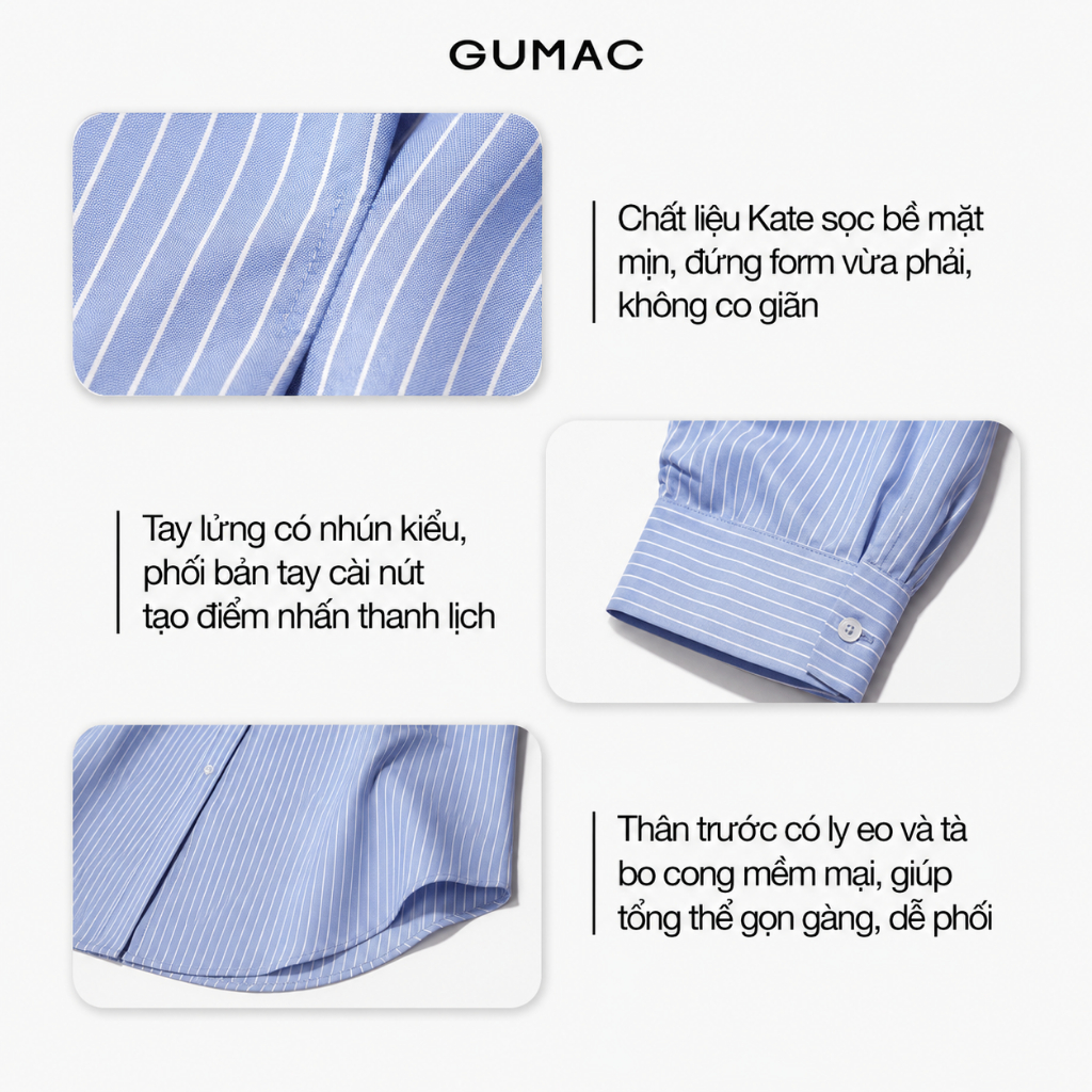 Áo Sơ Mi Nữ GUMAC Tay Lửng Có Nhún Chiết Ly Eo Vải Kate Xanh Sọc Đứng Form Thanh Lịch AF01024