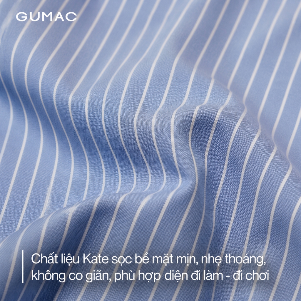 Áo Sơ Mi Nữ GUMAC Tay Lửng Có Nhún Chiết Ly Eo Vải Kate Xanh Sọc Đứng Form Thanh Lịch AF01024