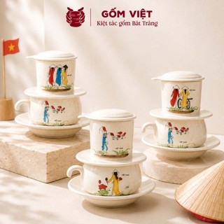 Bộ phin pha cà phê men vẽ cô gái với tà áo dài Việt Nam để pha coffee - Quà tặng truyền thống cao cấp - Gốm Việt