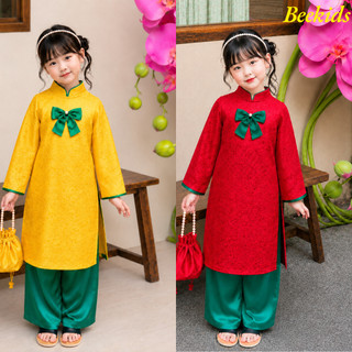 Áo Dài Cho Bé Gái Mặc Tết  Nơ To Cổ Tim, Áo Dài Gấm + Quần Lụa  Hàng Cao Cấp DA06 - Beekids