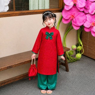 Sét Áo Dài Cách Tân Dài Tay Phối Nơ Cổ Tim Gấm Lụa Mặc Tết, Bộ Áo Dài Bé Gái Hàng Cao Cấp DA06 - BEEKIDS