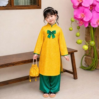 Áo Dài Cho Bé Gái Mặc Tết  Nơ To Cổ Tim, Áo Dài Gấm + Quần Lụa  Hàng Cao Cấp DA06 - Beekids