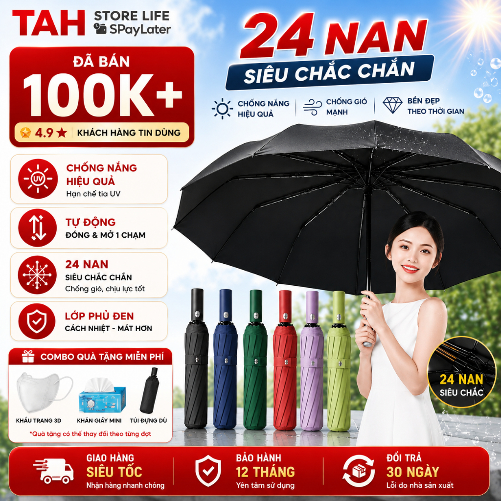 Ô Che Mưa 24 Nan Siêu Chắc, Tự Động Đóng Mở 1 Chạm, Chống Lật Chống Gió, Gấp Gọn 31cm