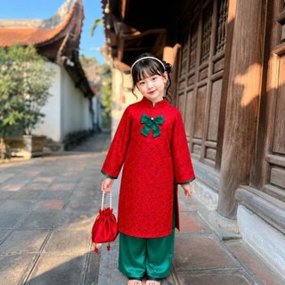 Sét Áo Dài Cách Tân Dài Tay Phối Nơ Cổ Tim Gấm Lụa Mặc Tết, Bộ Áo Dài Bé Gái Hàng Cao Cấp DA06 - BEEKIDS