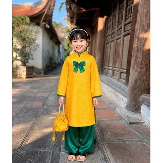 Sét Áo Dài Cách Tân Dài Tay Phối Nơ Cổ Tim Gấm Lụa Mặc Tết, Bộ Áo Dài Bé Gái Hàng Cao Cấp DA06 - BEEKIDS