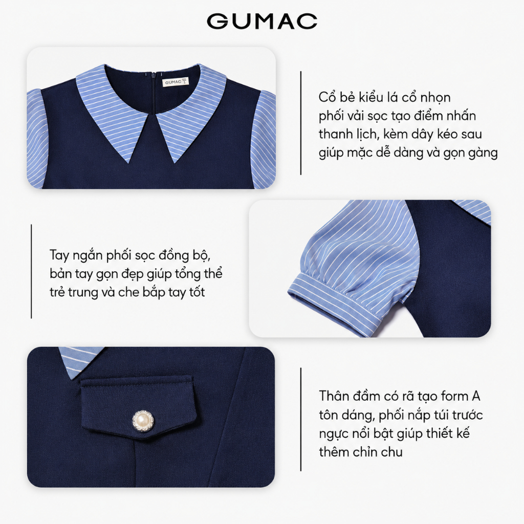 Đầm Nữ Dáng A Xòe GUMAC Phối Cổ Bẻ Sọc Xanh Tiểu Thư Thanh Lịch LDF0904