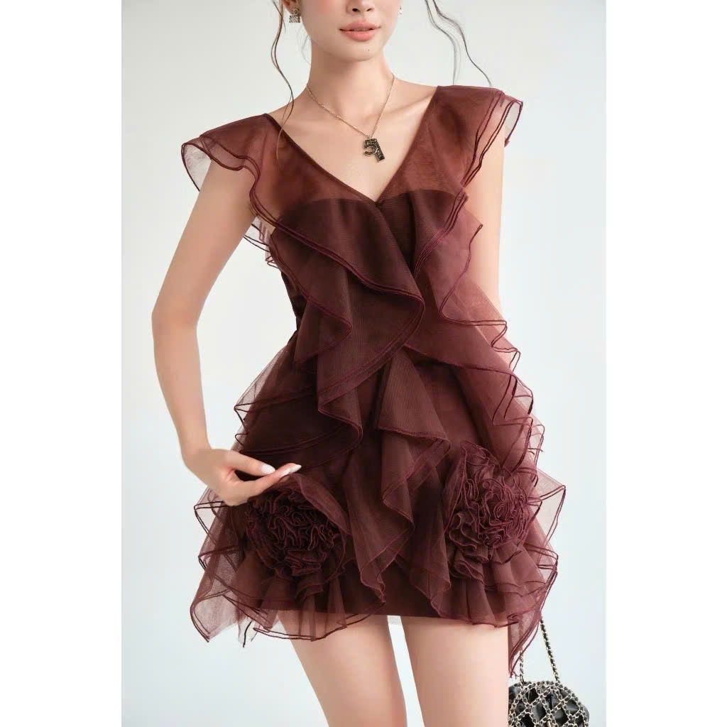 Váy Tơ Xếp Tầng Cổ V Phối Hoa 3D Bồng Bềnh Dáng Ngắn Sang Trọng, Đầm Tiểu Thư Đi Tiệc - CHAMIE STUDIO