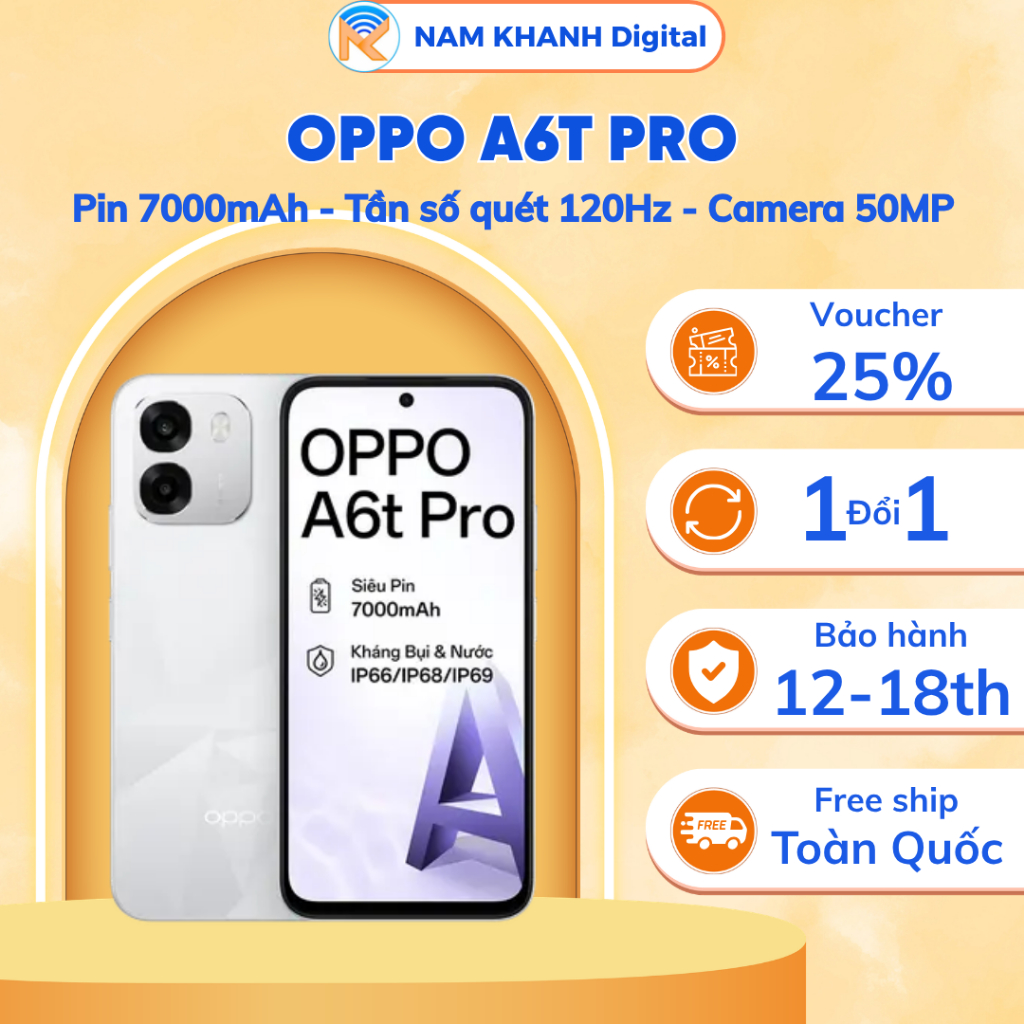Điện thoại Oppo A6t Pro – 8/128GB – Camera Ai 50MP – Sạc nhanh 45W – Kháng nước, bụi IP69 = Nam Khanh Digital