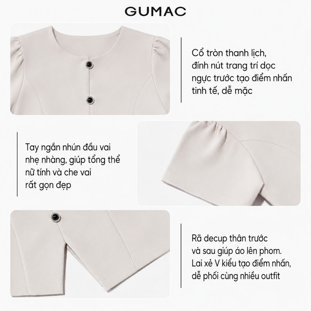 Áo Kiểu Nữ GUMAC Form Lửng Tay Ngắn Thiết Xẻ Lai V Đính Nút Trang Trí Thanh Lịch LAG0414