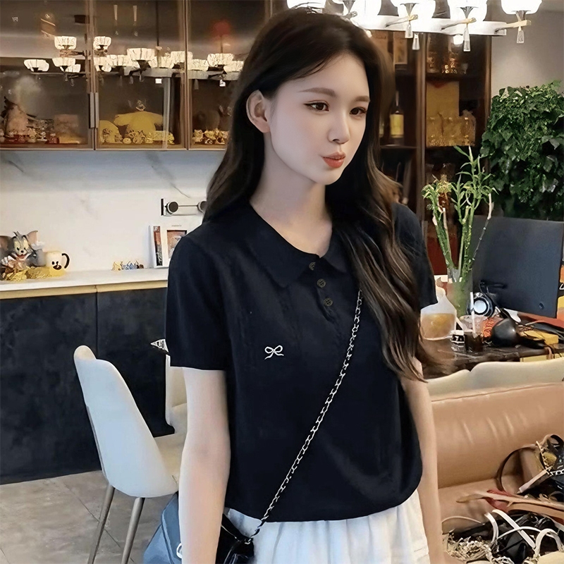 【dynamar】Áo Thun Cổ Bẻ, Áo Len Polo Tay Cộc Phối Thêu Nơ Nổi Siêu Xinh Vặn Thằng Sang Trọng Chất