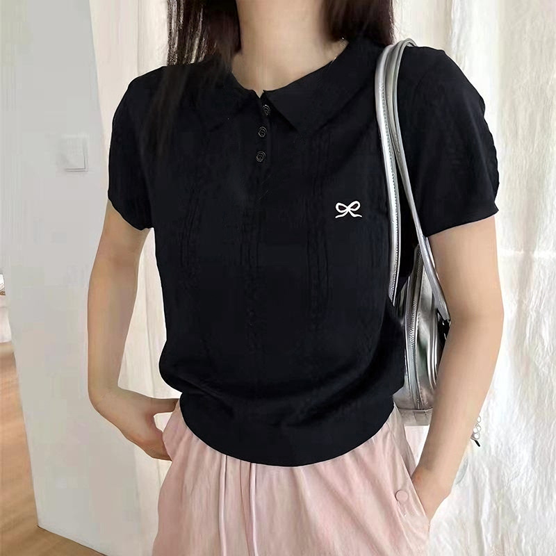 【dynamar】Áo Thun Cổ Bẻ, Áo Len Polo Tay Cộc Phối Thêu Nơ Nổi Siêu Xinh Vặn Thằng Sang Trọng Chất