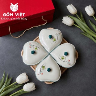 Bộ hũ mứt vẽ tay thủ công hình trái tim hoạ tiết sen, mai, đào cao cấp - Gốm sứ Bát Tràng - Gốm Việt