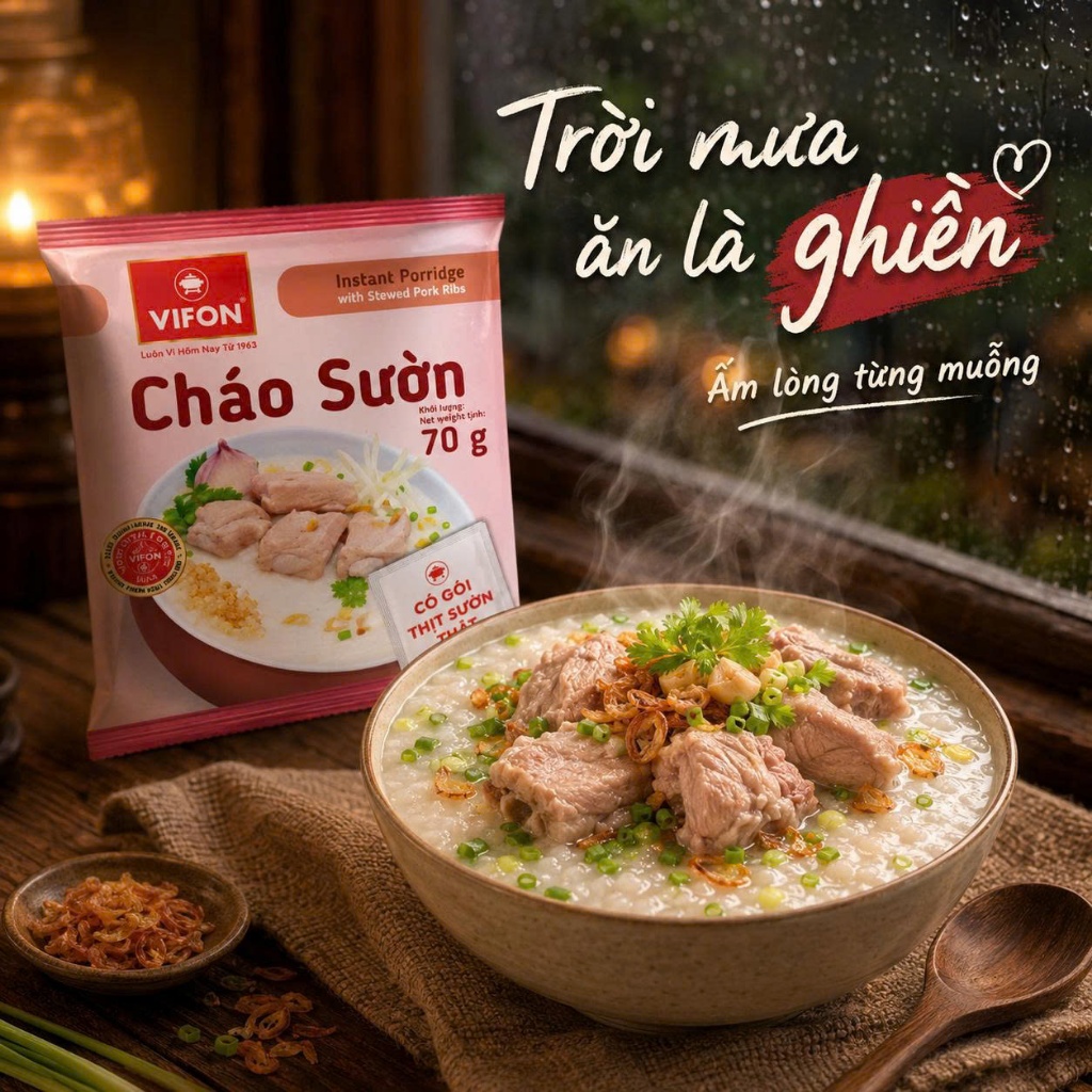 Cháo Sườn Vifon 70G Thùng 50 Gói - Có Gói Thịt Sườn Thật, Cháo Mịn Thơm, Ăn Nhanh Cực Tiện