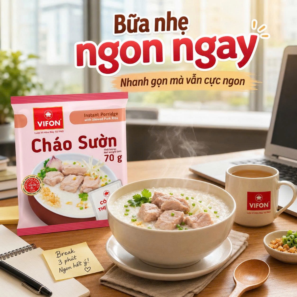 Cháo Sườn Vifon 70G Thùng 50 Gói - Có Gói Thịt Sườn Thật, Cháo Mịn Thơm, Ăn Nhanh Cực Tiện