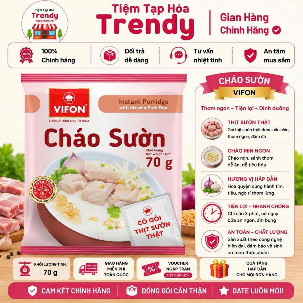 Cháo Sườn Vifon 70G Thùng 50 Gói - Có Gói Thịt Sườn Thật, Cháo Mịn Thơm, Ăn Nhanh Cực Tiện