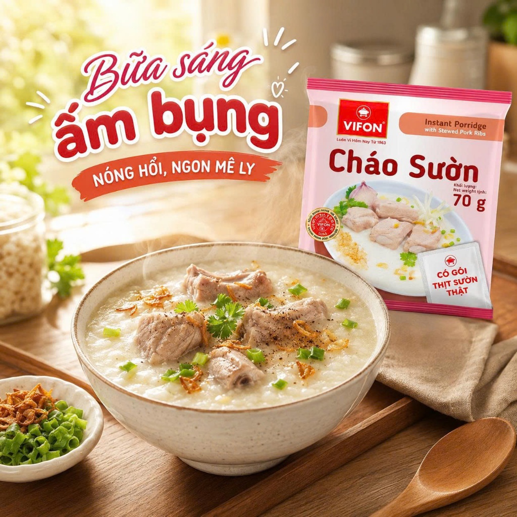 Cháo Sườn Vifon 70G Thùng 50 Gói - Có Gói Thịt Sườn Thật, Cháo Mịn Thơm, Ăn Nhanh Cực Tiện