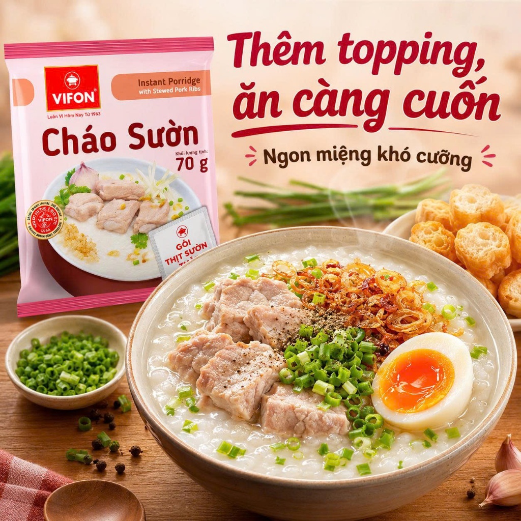 Cháo Sườn Vifon 70G Thùng 50 Gói - Có Gói Thịt Sườn Thật, Cháo Mịn Thơm, Ăn Nhanh Cực Tiện