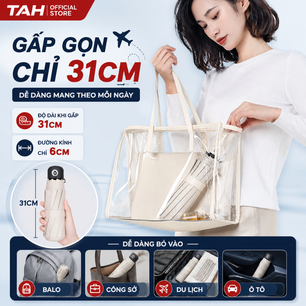 Ô Che Mưa 24 Nan Siêu Chắc, Tự Động Đóng Mở 1 Chạm, Chống Lật Chống Gió, Gấp Gọn 31cm