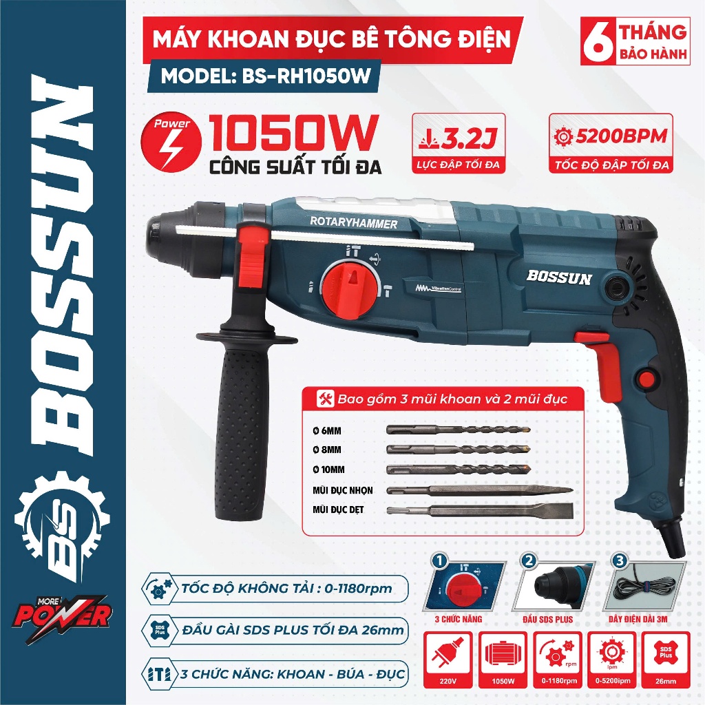 [TẶNG 5 MŨI] Máy khoan bê tông Bossun BS-RH1050PRO Công Suất 1050W Lực Đập 3,2J Chân pin phổ thông 3 chức năng