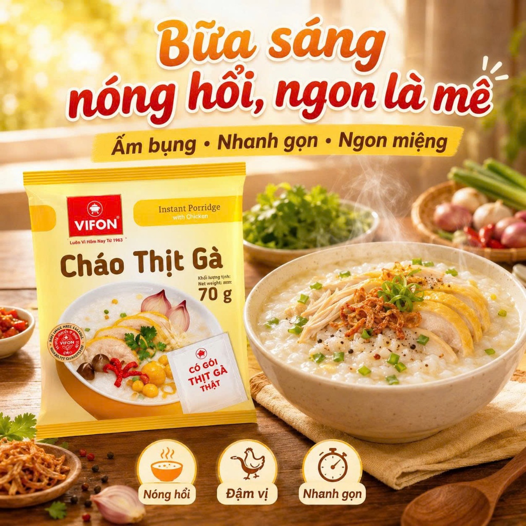 Cháo Thịt Gà Vifon 70G Thùng 50 Gói - Có Gói Thịt Gà Thật, Cháo Mịn Thơm, Ăn Nhanh Cực Tiện