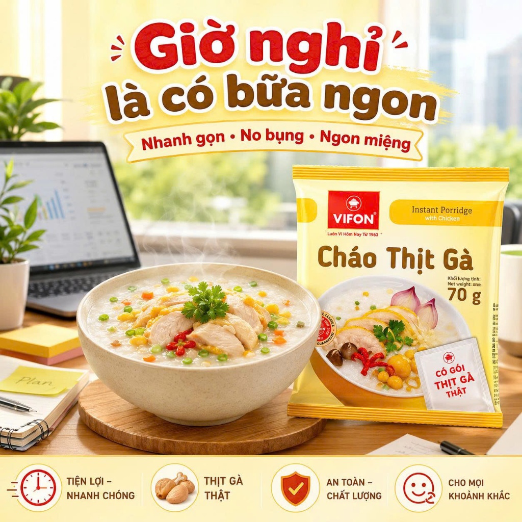 Cháo Thịt Gà Vifon 70G Thùng 50 Gói - Có Gói Thịt Gà Thật, Cháo Mịn Thơm, Ăn Nhanh Cực Tiện
