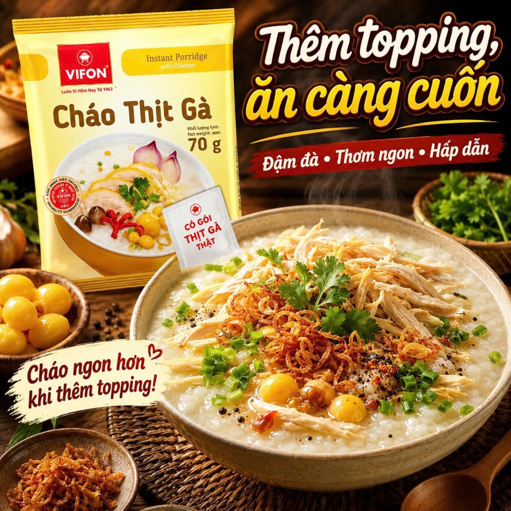 Cháo Thịt Gà Vifon 70G Thùng 50 Gói - Có Gói Thịt Gà Thật, Cháo Mịn Thơm, Ăn Nhanh Cực Tiện
