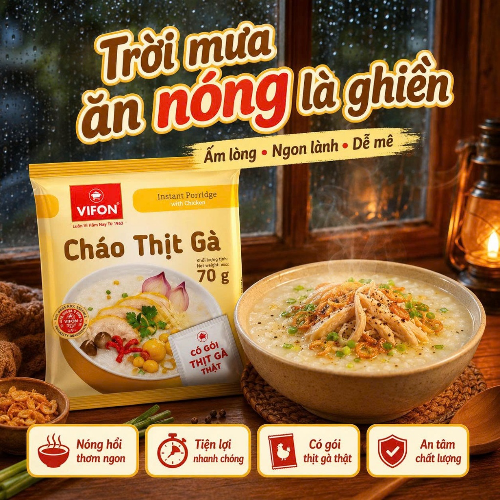 Cháo Thịt Gà Vifon 70G Thùng 50 Gói - Có Gói Thịt Gà Thật, Cháo Mịn Thơm, Ăn Nhanh Cực Tiện