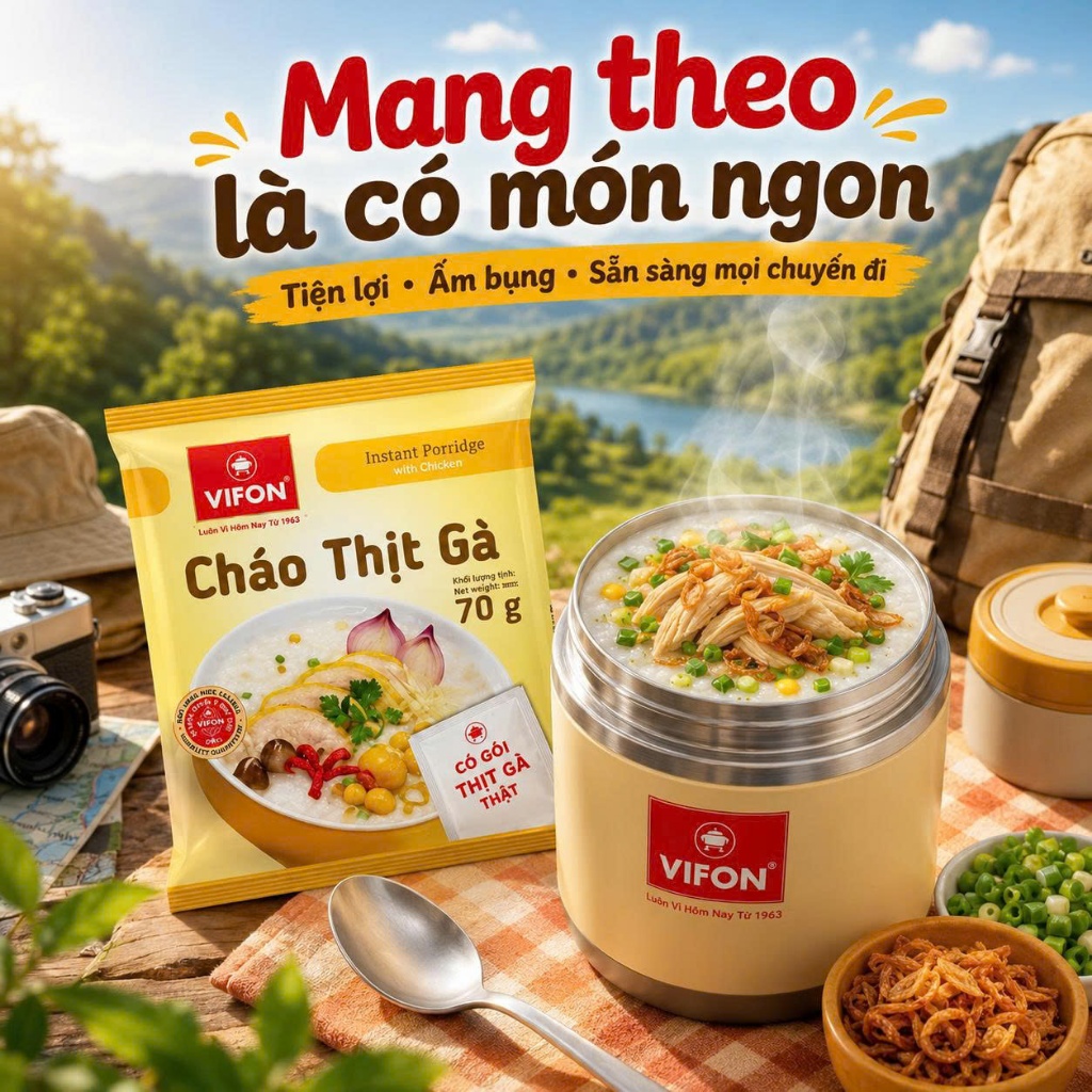 Cháo Thịt Gà Vifon 70G Thùng 50 Gói - Có Gói Thịt Gà Thật, Cháo Mịn Thơm, Ăn Nhanh Cực Tiện
