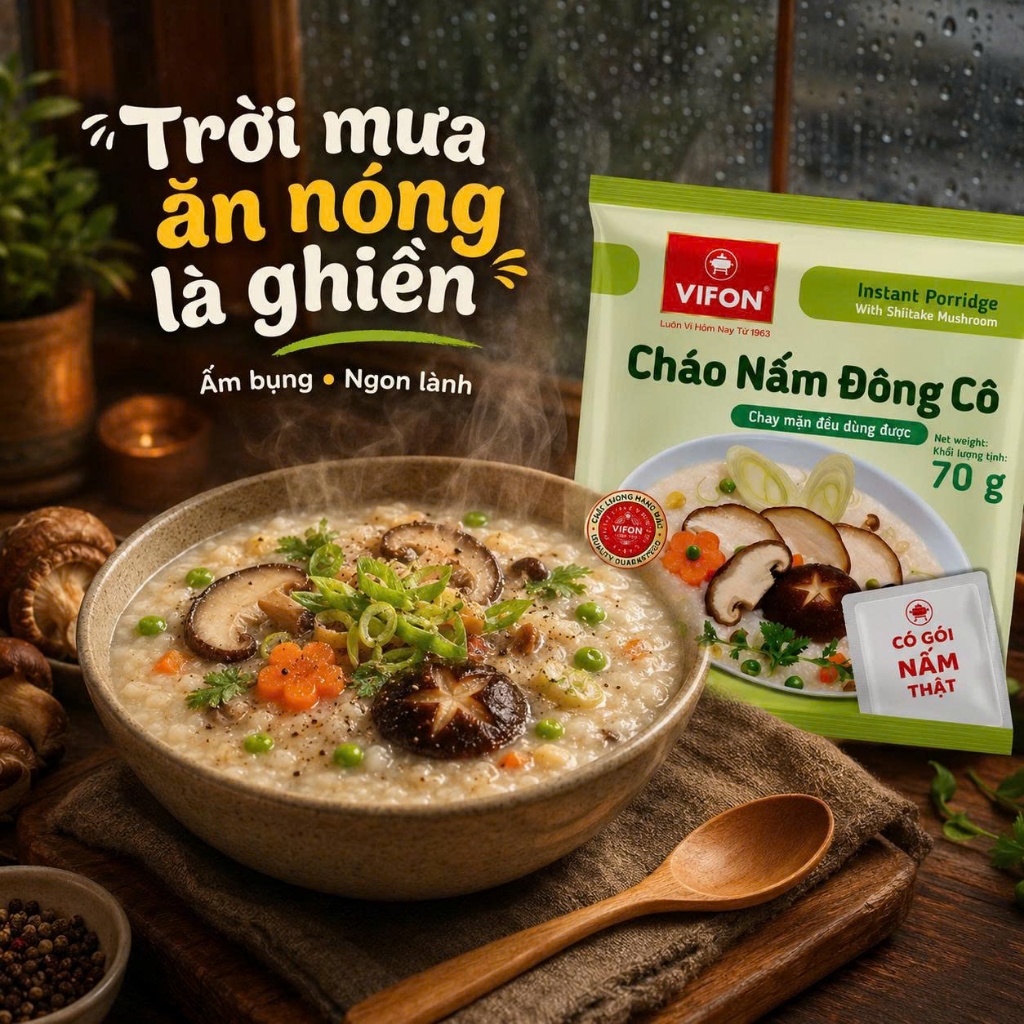 Cháo Chay Nấm Đông Cô Vifon 70G Thùng 50 Gói - Thanh Đạm Dễ Ăn, Có Gói Nấm Thật
