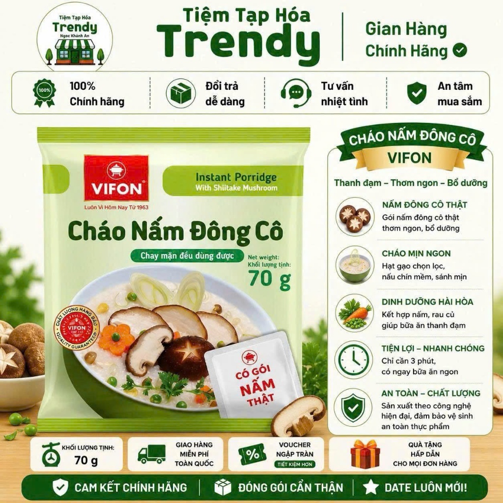 Cháo Chay Nấm Đông Cô Vifon 70G Thùng 50 Gói - Thanh Đạm Dễ Ăn, Có Gói Nấm Thật