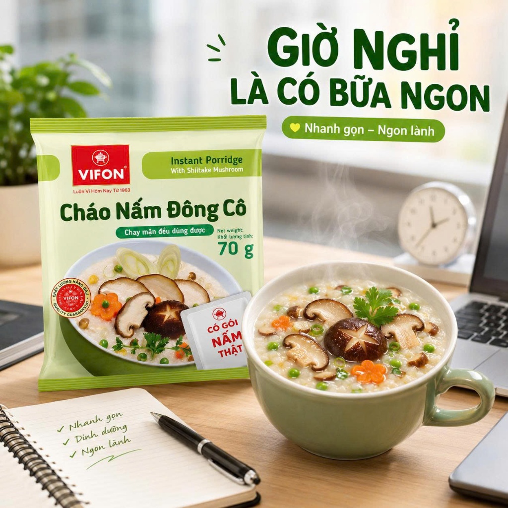 Cháo Chay Nấm Đông Cô Vifon 70G Thùng 50 Gói - Thanh Đạm Dễ Ăn, Có Gói Nấm Thật