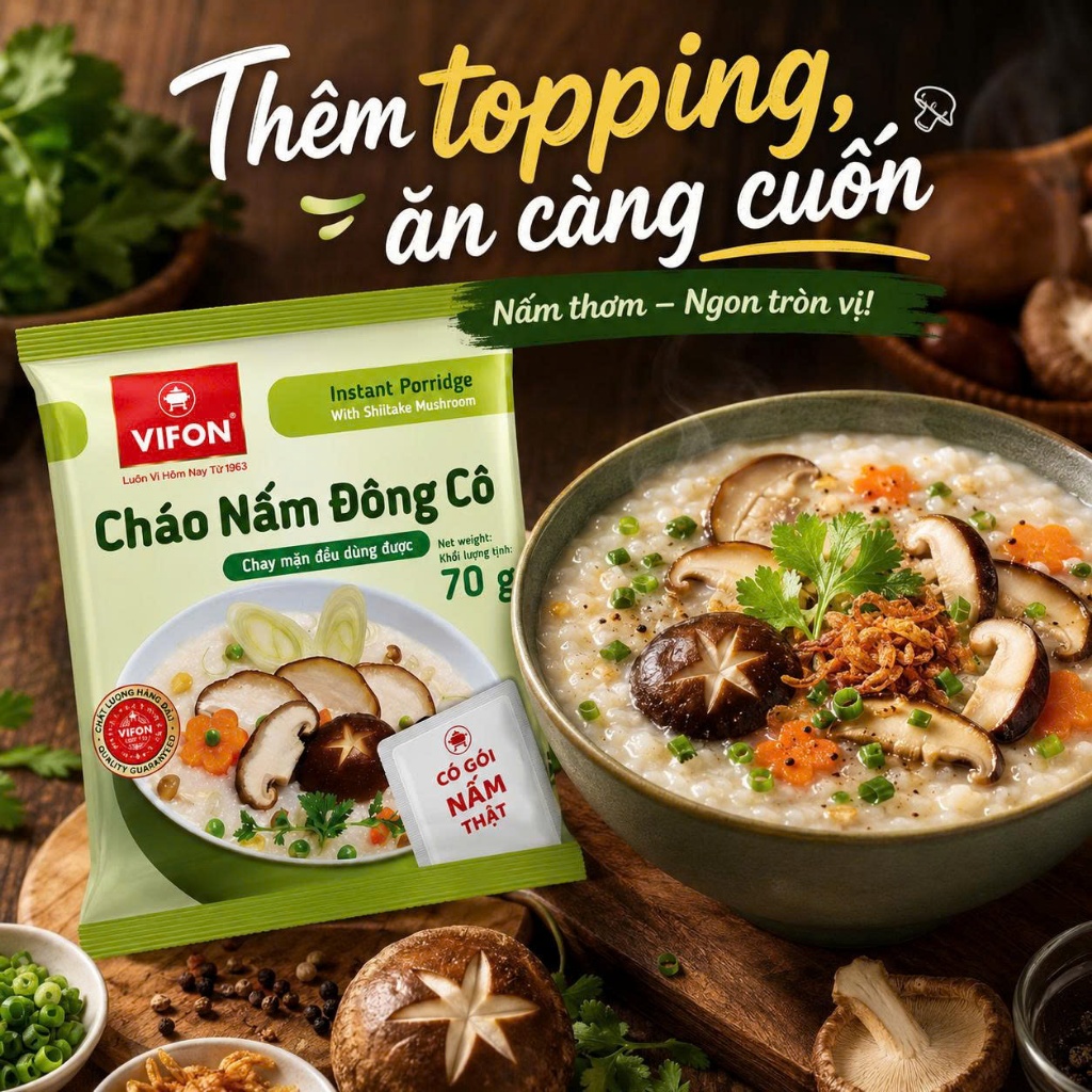 Cháo Chay Nấm Đông Cô Vifon 70G Thùng 50 Gói - Thanh Đạm Dễ Ăn, Có Gói Nấm Thật